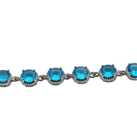 Sterling Silver Bracelet Aquamarine Blue Topaz 925 Round Cut Tennis Style - Picture 1 of 7